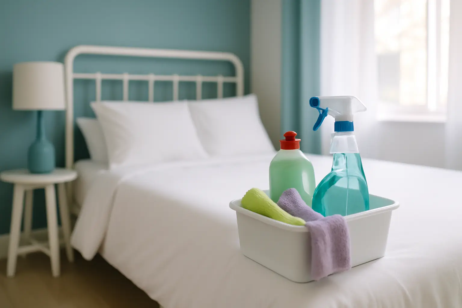 A freshly made white bed in a bright short-let bedroom with a caddy of cleaning sprays and cloths on it