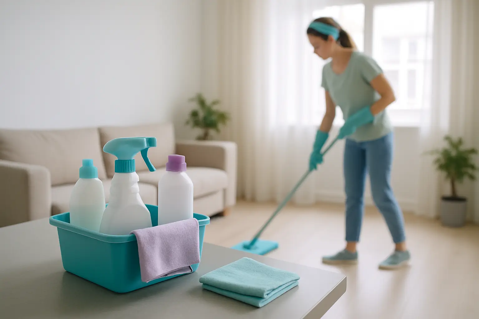 A caddy of cleaning sprays and cloths on a table with a person mopping a bright living room floor in the background
