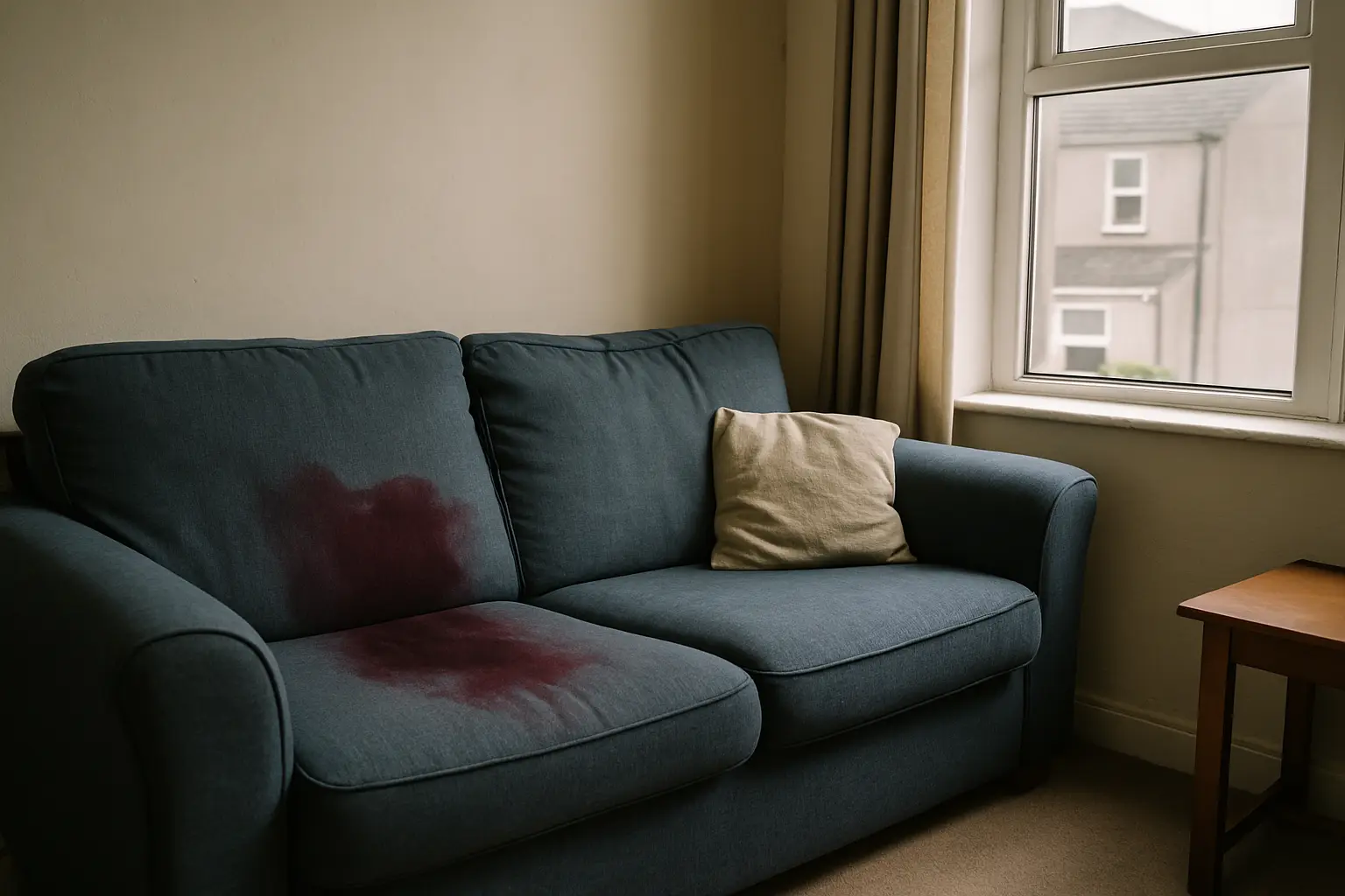 Photograph illustrating how to remove stains from a fabric sofa