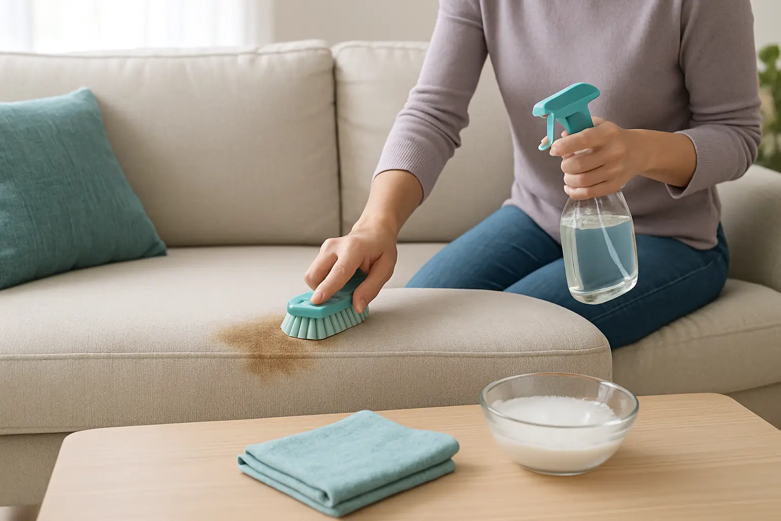A hand using a soft brush and spray bottle to treat a stain on a beige fabric sofa, with a folded cloth and bowl of solution nearby