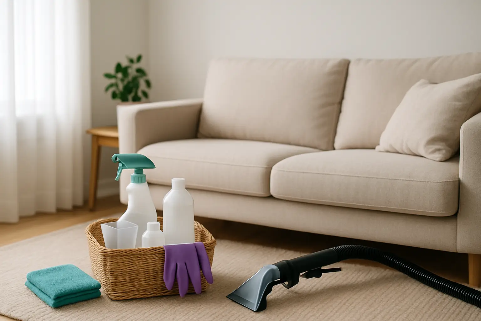 A beige fabric sofa beside a basket of cleaning supplies and gloves, with an upholstery cleaning tool on the rug