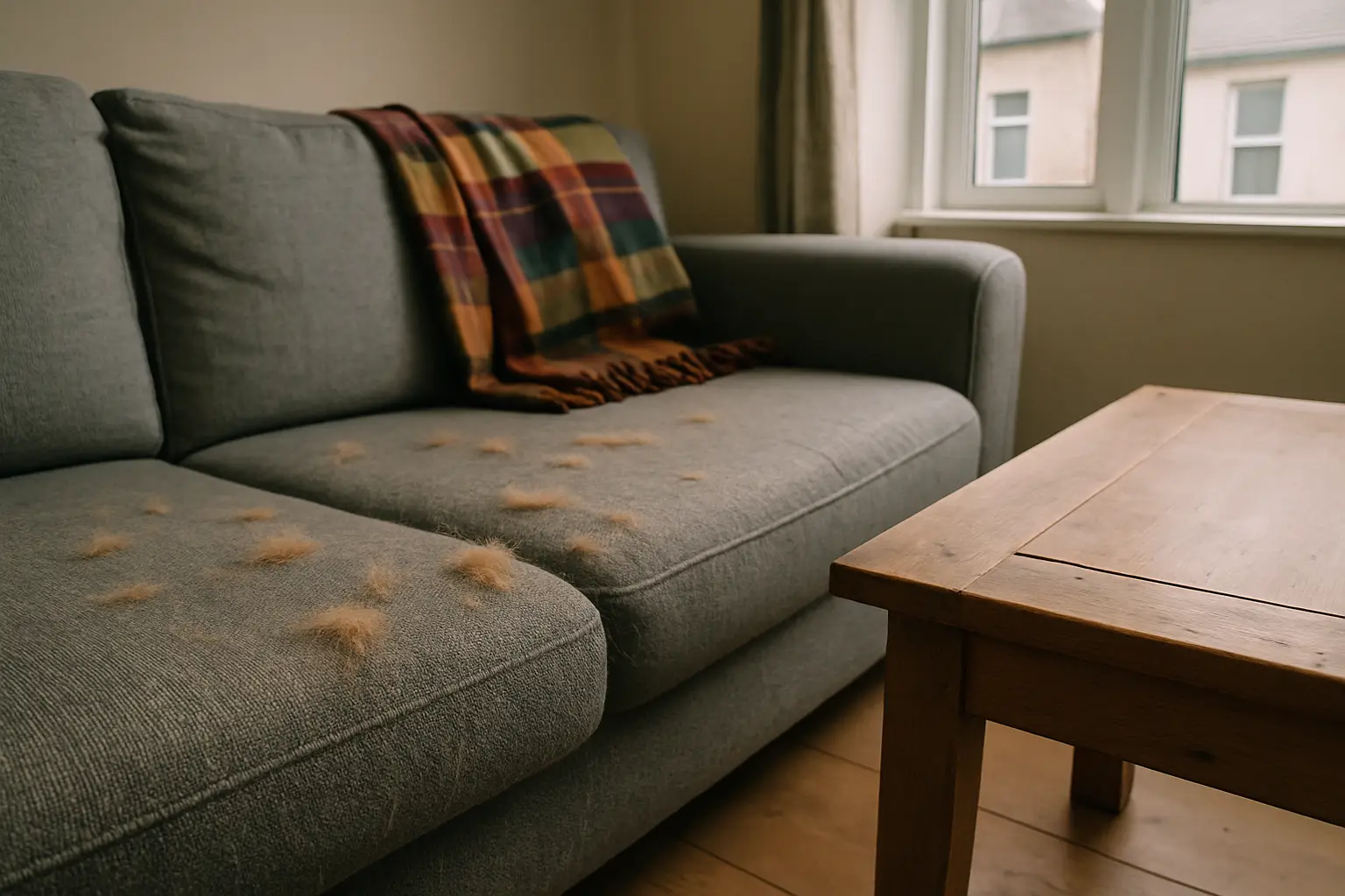 Photograph illustrating how to remove pet hair from upholstery