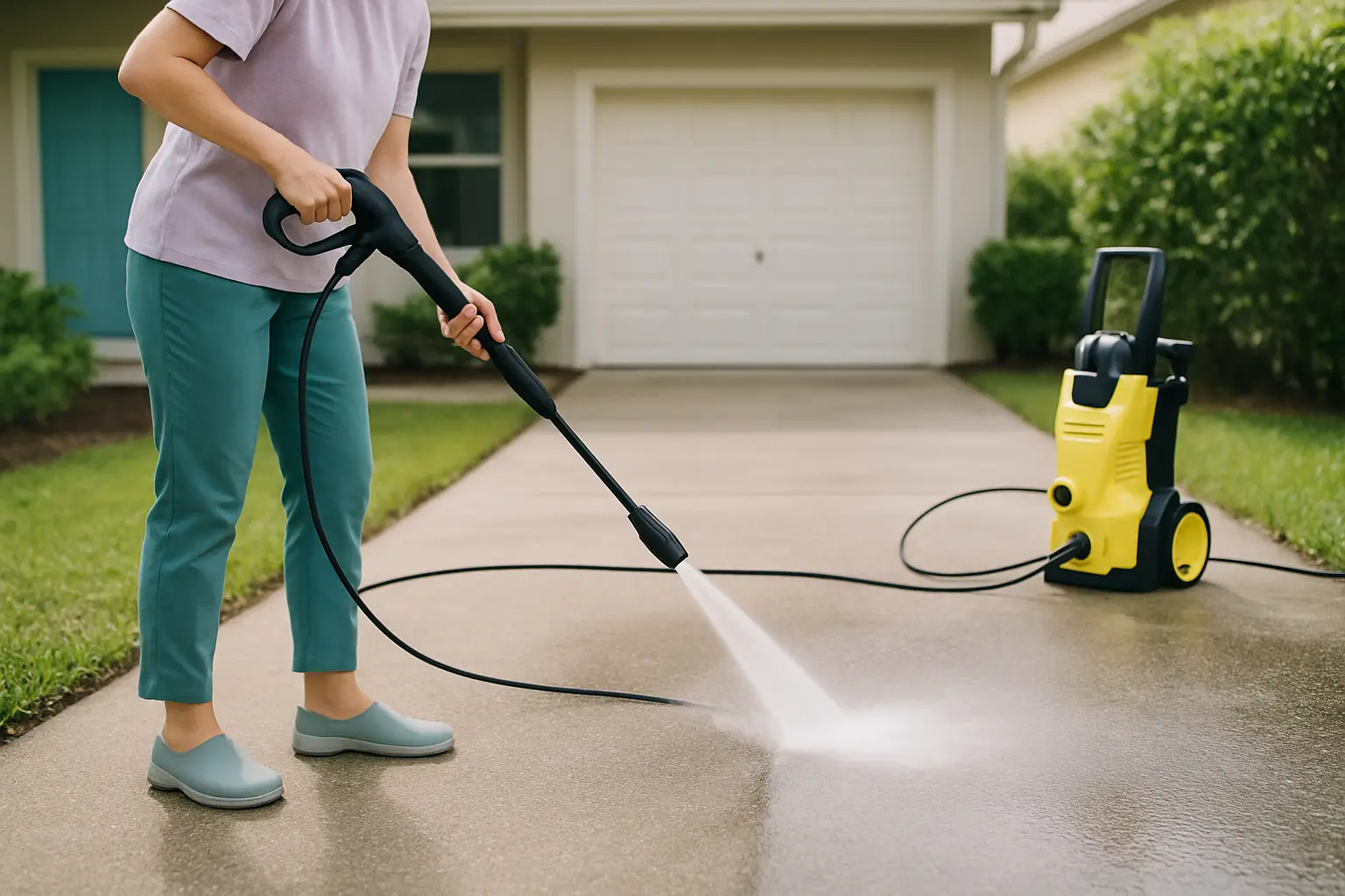 A person using a domestic pressure washer to clean a concrete driveway outside a house in daylight